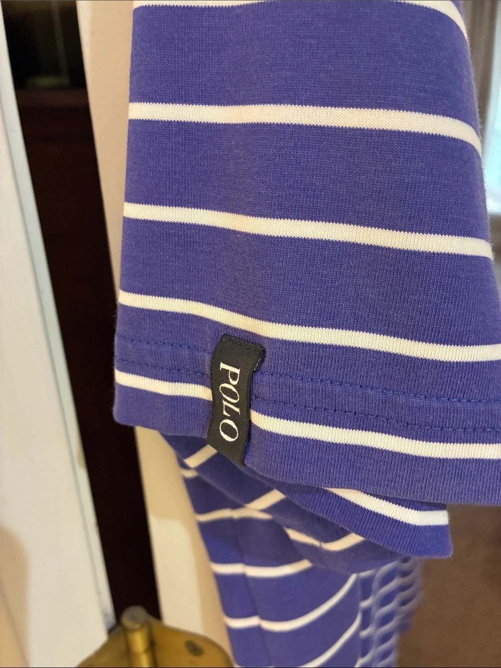 Ralph Lauren Purple and White Striped Polo Shirt SZ M Patch on sleeve
